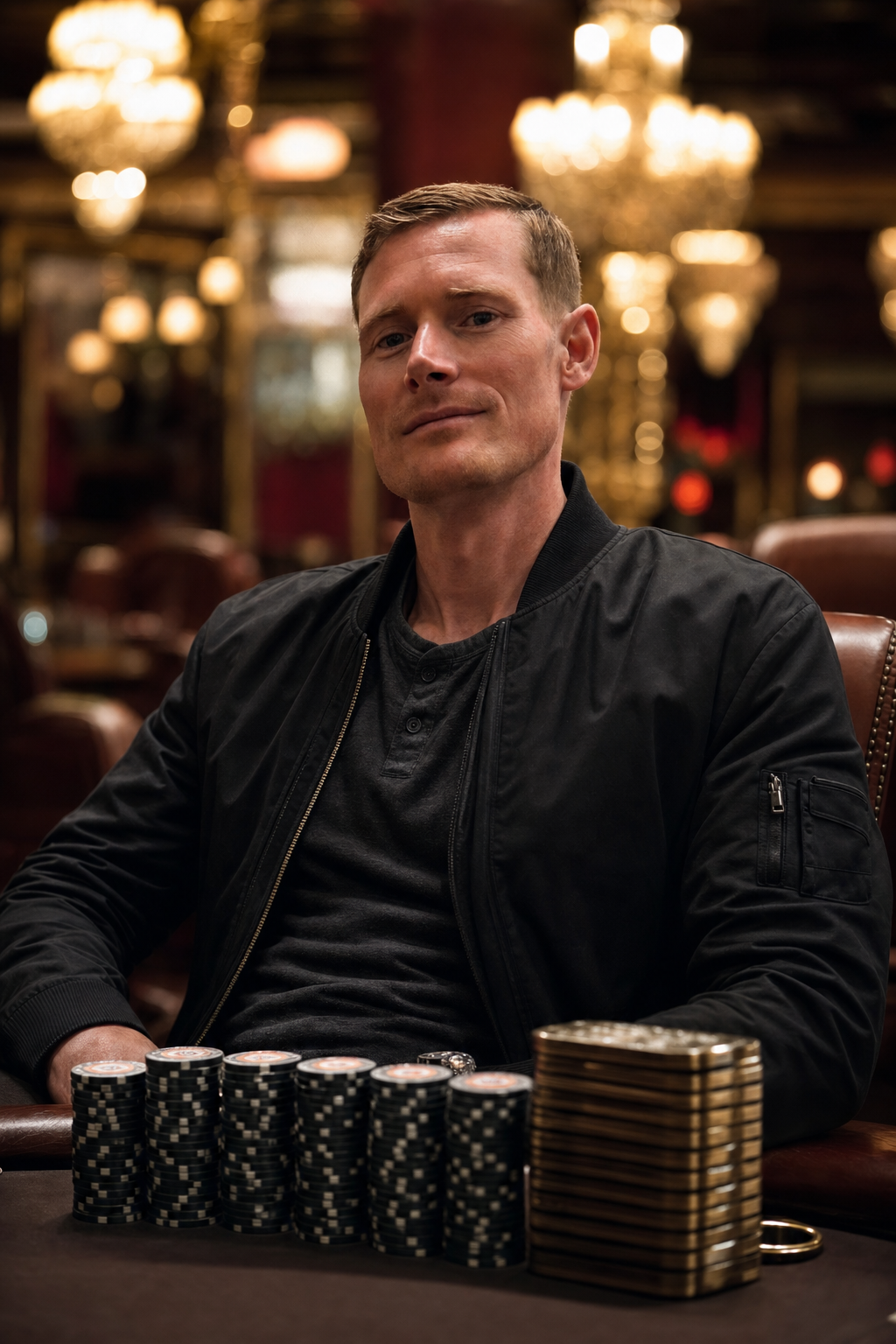 Nathan Patten at a luxury Las Vegas poker table behind tall stacks of chips and plaques.