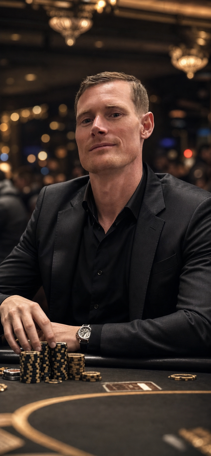 Nathan Patten in a black blazer at a Las Vegas poker table